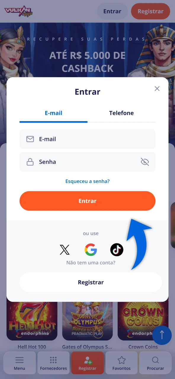 Inicie o Aplicativo Vulkan Vegas para iOS e faça seu login.