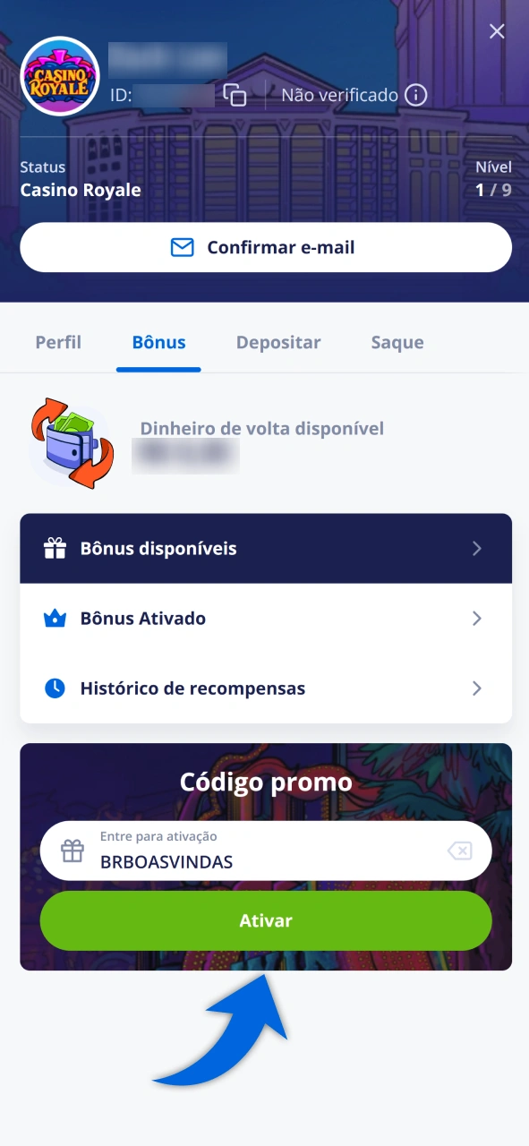 Confirme o uso do código para ativar os bônus no Vulkan Vegas.