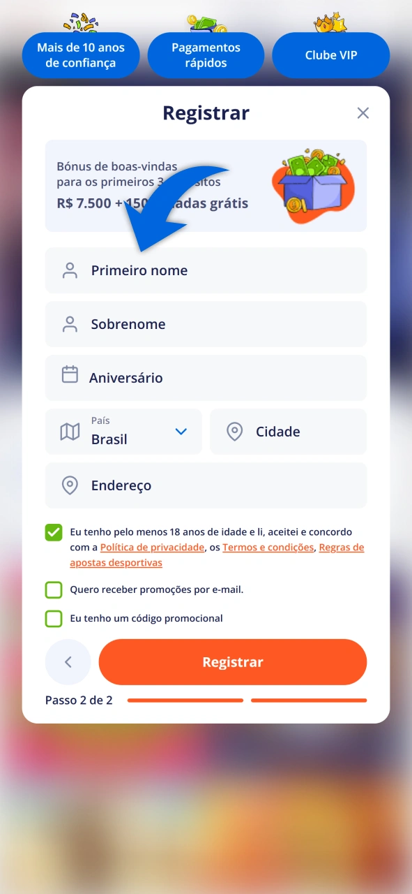 Complete sua inscrição no Vulkan Vegas inserindo todas as informações pessoais solicitadas.