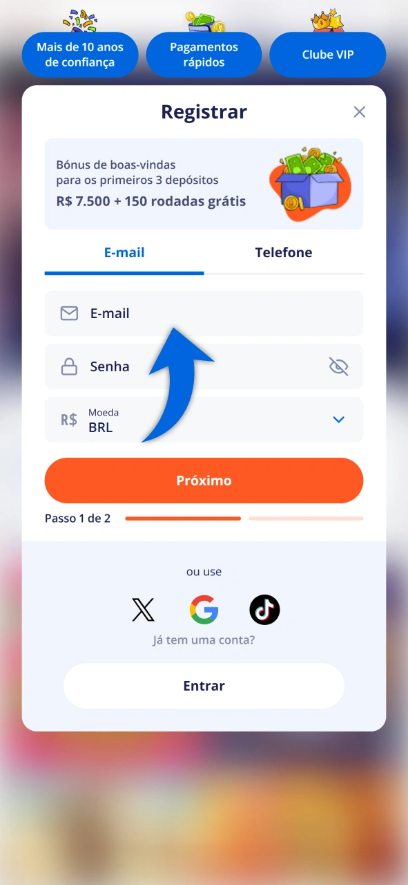 Informe os dados iniciais necessários para a sua inscrição no Vulkan Vegas.