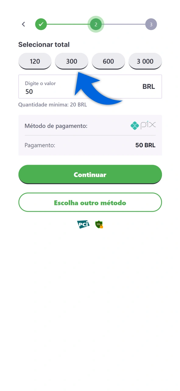 Informe o valor e confirme a transação do Depósito Vulkan Vegas.