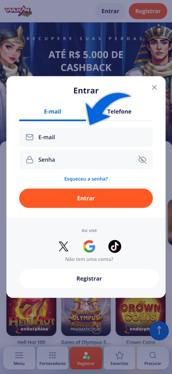 Faça login e acesse o caixa para seu Depósito no Vulkan Vegas.
