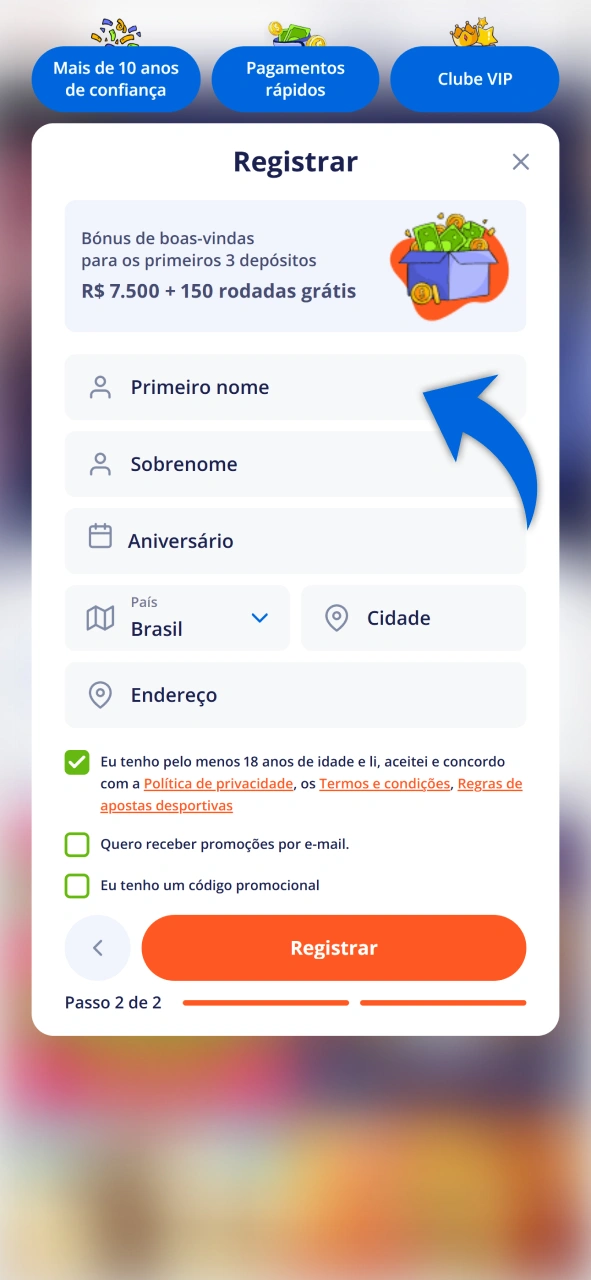 Forneça seus dados pessoais durante a inscrição no site Vulkan Vegas.