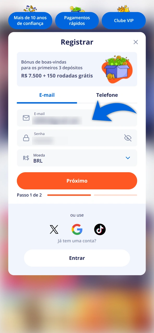 Complete o formulário inicial para sua inscrição no cassino Vulkan Vegas.